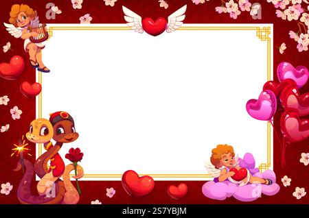 Valentinstag Banner mit Schlangen Paar, Herzen und Cherub Zeichen Vektor Hintergrund Rahmen. Comic Chinesisches Mondneujahrshoroskop Schlangen, Valen Stock Vektor