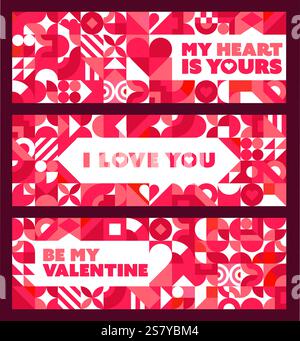 Valentinstag-Banner mit geometrischen Formen und abstrakten Mustern in leuchtenden Rosa- und Rottönen, mit romantischen Botschaften wie My Heart Is Yours, i Stock Vektor