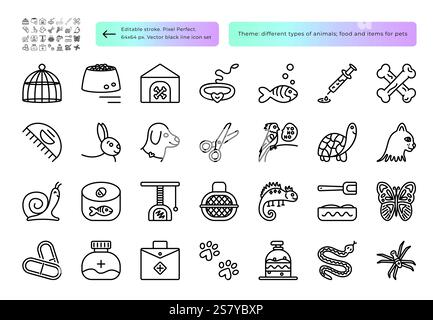 Tierarten, Tiergegenstände, schwarze Linie Symbol Set für die Pflege Salons, Tierarzt Kliniken, Tierheime, Vektor-monochrome Zeichen, editierbarer Strich Stock Vektor