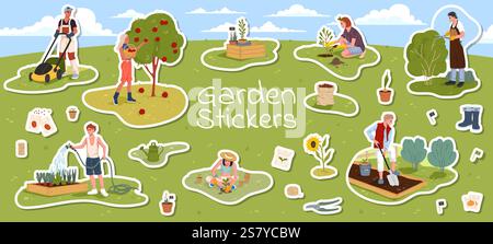 Aufkleber für Bauern, Gärtner und Agronomen. Vektorflicken zeigen Männer und Frauen, die in Gartenarbeit wie Ernte und Planti tätig sind Stock Vektor