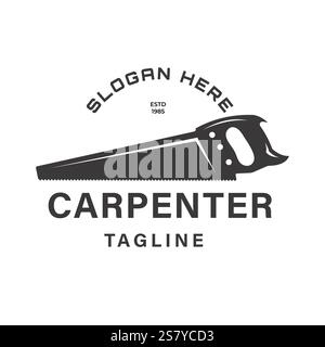 Vektordesign eines Sägelogos in Silhouette, das Holzbearbeitungswerkzeuge, Holzfäller und Handwerker darstellt. Geeignet als Firmenlogo in der Holzbearbeitung i Stock Vektor