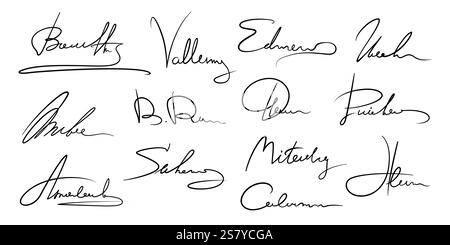 Geschäftsunterschrift und Autogramm-Paket handgeschriebenes Faksimile, isolierter Vektor. Geschäftssignaturen mit Namen- oder Nachnamen, persönlich au Stock Vektor