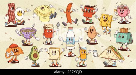 Retro-Cartoon-groovige Frühstücksfiguren. Speck, Ei, Wurst, Kaffee oder Tee. Käse und Butter, Haferbrei, Marmeladenglas, Milch, Croissant, avoc Stock Vektor
