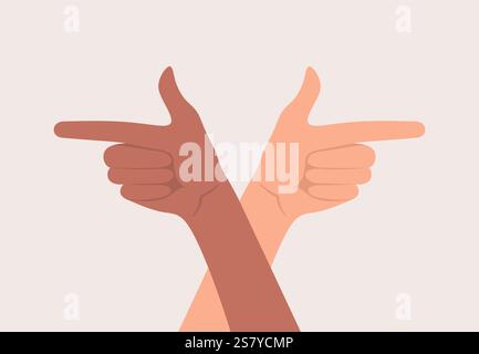 Zwei Hände von Menschen mit verschiedenen Hauttönen, die mit Zeigefingern in entgegengesetzte Richtungen zeigen, flache Vektorillustration Stock Vektor