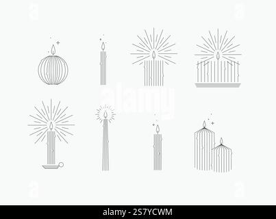 Kerzenset verschiedene Formen und Formen, Zeichnung im Art-Deco-Stil auf grauem Hintergrund Stock Vektor