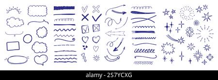 Set handgezeichneter Rahmen im Doodle-Stil mit Durchstrichen, Kreuzen, Häkchen und Herzen Stock Vektor