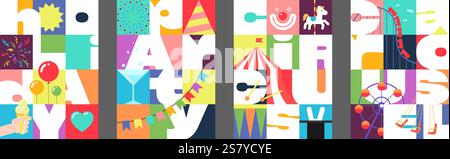 Festliche Party, Zirkus und Karussell-Poster. Heller Vergnügungspark zeitgenössische geometrische Designs mit künstlerischem Text für Urlaubshintergrund, Flyer, Einladung oder Ticket. Farbenfrohe Motive für Karneval Stock Vektor