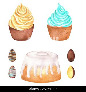 Ein Bündel Cupcakes mit blauer und gelber Schlagsahne, Schokoladeneiern und einem Eiskuchen. Food Clipart. Handgezeichnete Aquarellillustration. Stockfoto