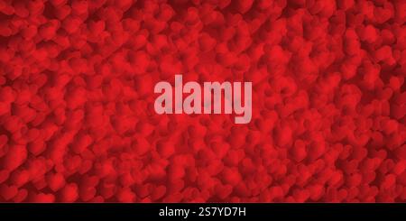 „Happy Valentines Day“-Schriftzug im Kopierbereich. Rote Herzen auf rotem Hintergrund. Hintergrund zum Valentinstag. Banner für Grußkarten, Vorlagen, Verpackung Stock Vektor