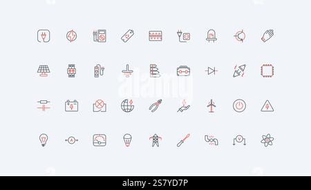 Symbolsatz für Stromversorgung und Energiegenerator, Elektriker und Werkzeuglinie. Hochspannungssystem Übertragung, Transformator und Batterie dünne schwarze und rote Umrisssymbole Vektorillustration Stock Vektor