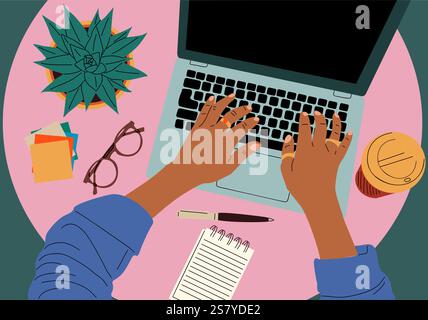 Weibliche Hände, die auf dem Laptop arbeiten Stock Vektor