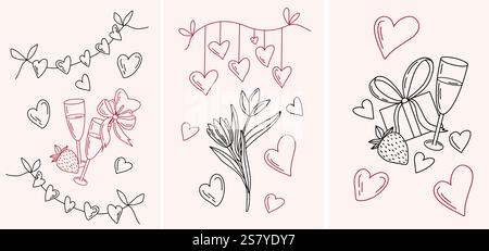 Hand gezeichneter Valentinstag Vektor-Kartensatz. Illustration mit Herzen, Tulpen, Sektgläsern, Erdbeeren und Geschenkboxen. Schwarze und rote Farben. Sk Stock Vektor