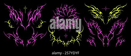 Acid NEO Tribal y2k Gothic Tattoo Set mit Schmetterling, Gebärmuttersilhouette, symmetrischen Formen oder Gothic-Kunstelementen. Cybersigilismus-Aufkleber, futuristische trendige Grunge-Ornamente oder handgezeichnete neotribale Ikonen Stock Vektor