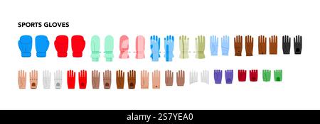 Set von Sport Handschuhe Mode mit Namen Hand Accessoire Kleidung technische Illustration Kleidung. Vektor für Männer, Frauen, Unisex flache Vorlage CAD-Zeichentrickstil isoliert auf weißem Hintergrund Stock Vektor
