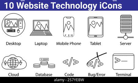 10 Website-Technologie-Symbole gesetzt Stock Vektor