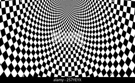 Optisch karierter spiralförmiger Illusionshintergrund. Magisches psychedelisches Muster, Wirbel-Illusionen und hypnotische abstrakte Karte. Stock Vektor
