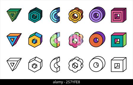 3D Geometrik Element Buntes Objekt Memphis Bauhaus Neo-Brutalismus Stil Kreis Dreieck Rechteck Box Würfel Sechseck krumme Formen Dekorationsdesign Stock Vektor