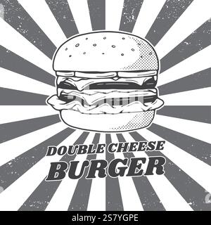 Vintage Double Cheeseburger Grafik für Street Food Werbedesign. Retro-Stil Fast Food Restaurant Schild Illustration, Vektor. Stock Vektor