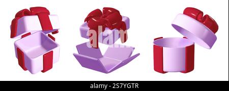 3D-Geschenkboxen auf weißem Hintergrund öffnen. Vektor-realistische Illustration von unverpackten präsenten Mockups, lila runden und quadratischen Paketen mit roten Schleifenbögen, Weihnachtsrabatt oder Verkaufsymbolen Stock Vektor