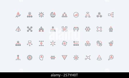 Hierarchie, Organisationsstruktur der Unternehmensabteilung im Diagramm, Führungszeile und Autoritätszeile. Business Team Organisation dünne schwarze und rote Umrisssymbole Vektorillustration Stock Vektor