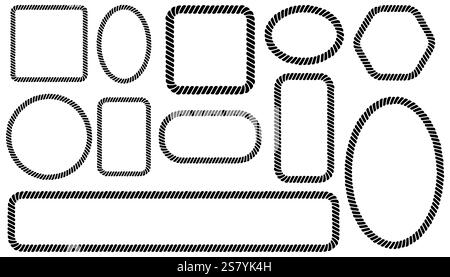 Großer Satz geflochtener Seilrahmen. Sammlung von Rändern in Form von Quadrat, Kreis und Sechseck. Stock Vektor