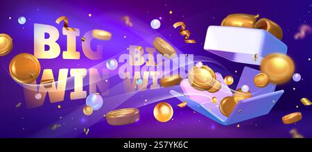 3D großes Casino-Banner mit offenem Geschenkkarton, das mit goldenen Münzen auf violettem Hintergrund explodiert. Glücksspiel-Werbedesign mit schwebenden Geldprämien, dekorativen Perlen und metallischem Konfetti. Stock Vektor