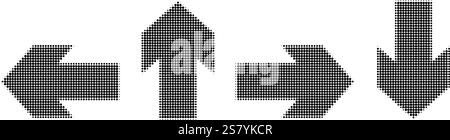 Halbtonsymbol für Pfeile in vier Richtungen. Symbol mit vier seitlichen Pfeilen aus Retro-Halbtonmuster. Pfeile verschiedene Richtungen Vektorsymbol illustr Stock Vektor