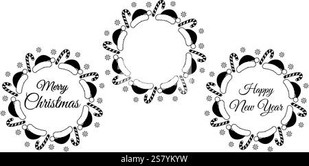 Frohe Weihnachten und Happy New Year Schriftzug mit Weihnachtsmützen, Candy Cane und Schneeflocken Circle Frame. Set 3 isolierte Vektor-Illustration Gruß- oder Einladungskarten, Faltblatt oder Web-Promo-Banner, Tag Stock Vektor