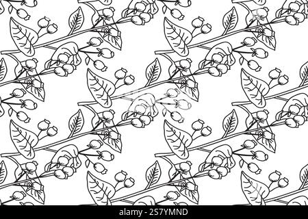 Botanische Linie Kunst abstrakte nahtlose Zweig mit Blättern und Beeren Muster Vektor Illustration. Schwarzweiß-Umrandung mit wiederkehrendem Baumpflanzendruck. G Stock Vektor