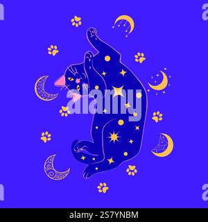 Mystische Katze im Boho-Stil umgeben von Sternen, Tierkreiszeichen, Kugeln, Pfotendrucken und Silhouettenkollektion. Esoterik und Mystik, Okkultismus. Cartoon Stock Vektor