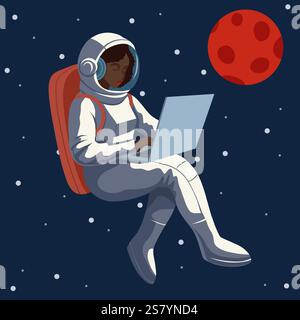 Afrikanische Astronautin mit Laptop auf Sternen und rotem Planeten Hintergrund. Vektor-Illustration einer Frau im Weltraum. Freiberufliche Tätigkeit. Stock Vektor