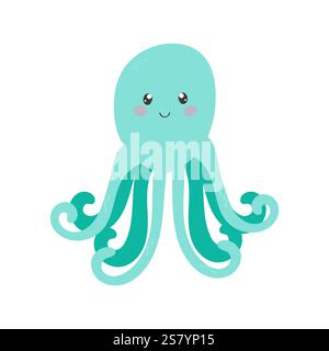 Niedlicher grüner Tintenfisch im schlichten flachen Stil für Design, Logo oder Label Stock Vektor