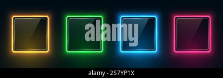 Set aus quadratischen Neonrahmen mit Glas. Leuchtende Verlaufsgrenzen, bunte Nachtbanner isoliert auf dunklem Hintergrund. Vektor-3D-Illustration. Stock Vektor