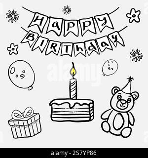 Eine süße Komposition zum Glückwunsch. Vektorabbildung im Stil einer Freihandzeichnung. Flaggen, Ballons, Kuchen, Kerze, Bär. Um Postkarten zu erstellen, ich Stock Vektor