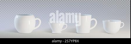 Mockup-Set aus Kaffeetassen in verschiedenen Formen – kugelförmige, konische, zylindrische und abgerundete Tassen aus glänzender weißer Keramik. Sauberes, minimalistisches Trinkgeschirr für Branding-Präsentationen und das Design von Cafés. Stock Vektor