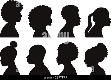 Schwarzes Silhouette-Profil afroamerikanischer Leute-Set. Isolierte Porträts von Frauen und Männern auf weißem Hintergrund. Vektorabbildung. Handzeichnung Stock Vektor