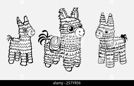 Ein Set festlicher Pinatas. Niedliches Vektor-Bild für Geburtstage, Malseiten, Karten im Freihand-Zeichenstil Stock Vektor
