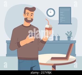 Mann mit einer Kaffeetasse aus Papier und einem Smartphone, die modernes Multitasking, Technologie im Alltag darstellen. Ideal für Technologie und Lifestyle-Design Stock Vektor