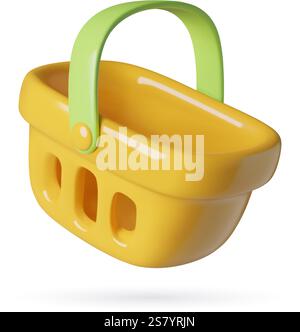 Gelber Kunststoff-Warenkorb nettes 3D-Vektor-Symbol isoliert auf weißem Hintergrund Stock Vektor
