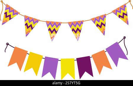 Bunte Halloween-Pennant-Girlande an Schnur in trendigen festlichen Farben. Begrüßung der Designelemente. Isolierte Vektor-Illustration Thematische Karten, Poster, Banner oder Web-Promo-Broschüre, Etikett, Preisschild Stock Vektor