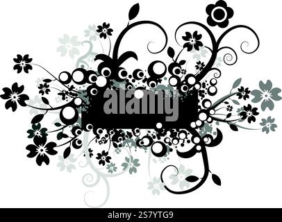 Schwarze Abstraktion mit Blumen und weißen Kreisen Stock Vektor