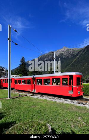 Zug vom Bahnhof Gare Chamonix Train du Montenvers in Chamonix, Haute-Savoie, Französische Alpen, Frankreich. Stockfoto