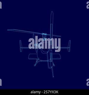 Blaue Zeichnung eines Hubschraubers mit Propeller. Die Zeichnung ist blau und sehr detailliert Stock Vektor