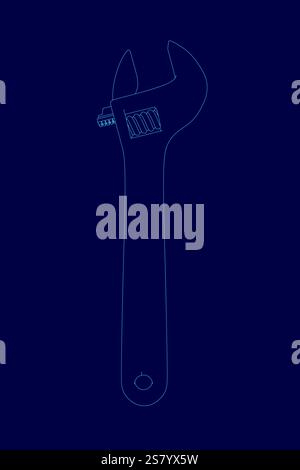 Blauer Schraubenschlüssel ist in einem blauen Bild dargestellt. Der Schraubenschlüssel ist der Hauptfokus des Bildes und ein Werkzeug zum Festziehen oder Lösen von Schrauben und Muttern. Die Stock Vektor
