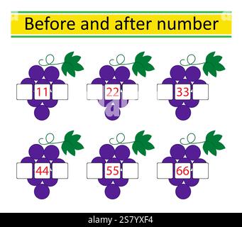 Was davor und danach kommt. Mathematische Arbeitsblätter für Kinder. Zahlenbereich bis 70. Vektor-Illustration von Cartoon-Trauben. Stock Vektor