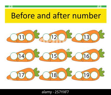 Was davor und danach kommt. Mathematische Arbeitsblätter für Kinder. Zahlenbereich bis 20. Stock Vektor