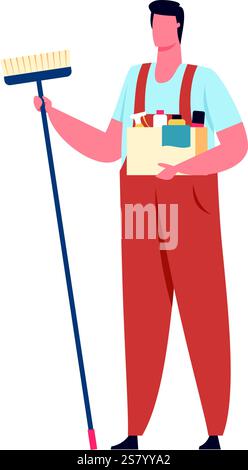 Professioneller Reinigungsdienstmitarbeiter in Uniform, der einen Besen und eine Schachtel mit Reinigungsprodukten hält, die bereit sind, ein Haus, ein Büro oder ein Hotelzimmer zu reinigen Stock Vektor