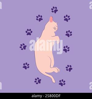 Mystische Katze im Boho-Stil umgeben von Sternen, Tierkreiszeichen, Kugeln, Pfotendrucken und Silhouettenkollektion. Esoterik und Mystik, Okkultismus. Cartoon Stock Vektor