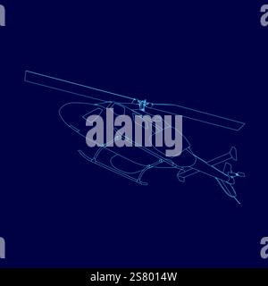 Blauer Hubschrauber ist auf blauem Hintergrund gezeichnet. Die Zeichnung zeigt einen Hubschrauber mit blauer Umrandung Stock Vektor