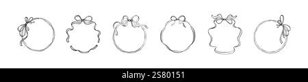 Set aus skurrilen, wellenförmigen, kreisförmigen Rahmen mit Schleifen. Niedliche Linien-Kritzelzeichnungen. Runde handgezeichnete Vintage-Borte für Hochzeit, Geburtstag, Weihnachten, Männer Stock Vektor